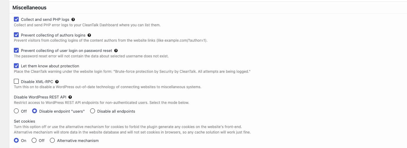 Security by CleanTalk settings for preventing author login collection and password reset login discovery