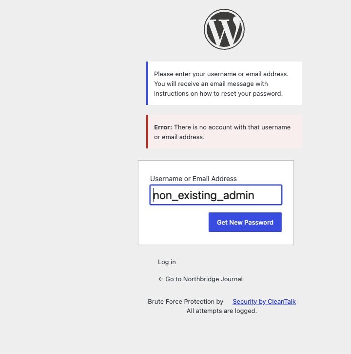 Unprotected WordPress password reset form showing that no account exists for the submitted username or email