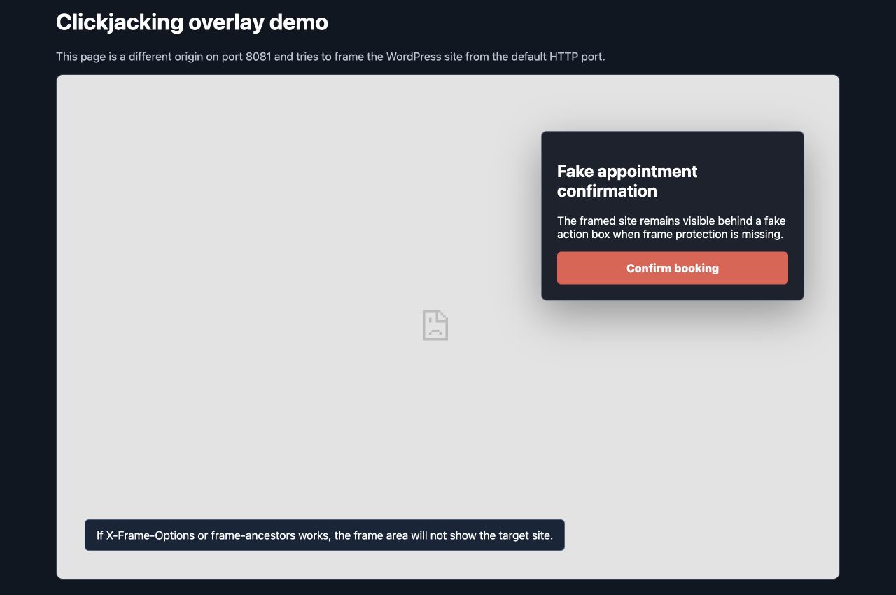 Clickjacking demo showing target frame blocked after X-Frame-Options and frame-ancestors