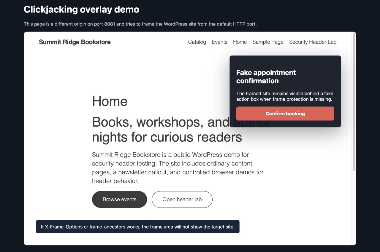 Clickjacking demo showing a framed WordPress page behind a fake overlay