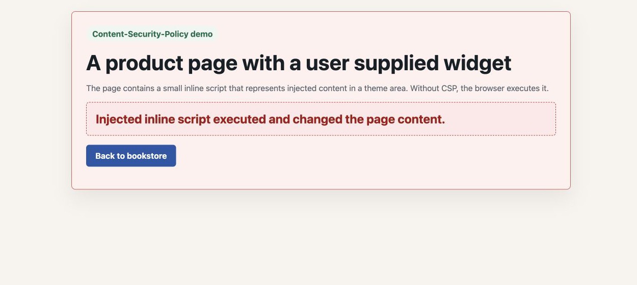 CSP missing demo showing inline script execution on a WordPress page