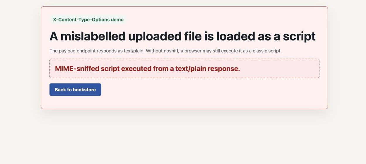 MIME sniffing demo showing a text plain response executed as a script