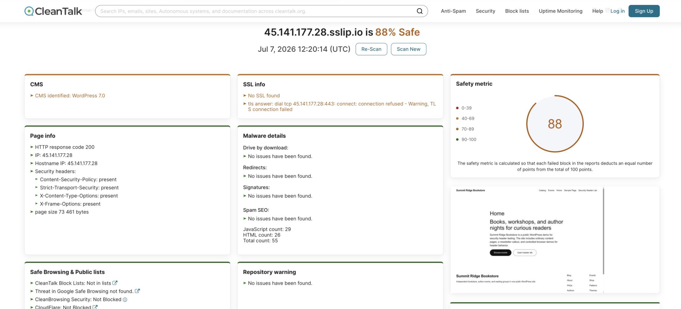 CleanTalk Website Malware Scanner showing security headers present after remediation