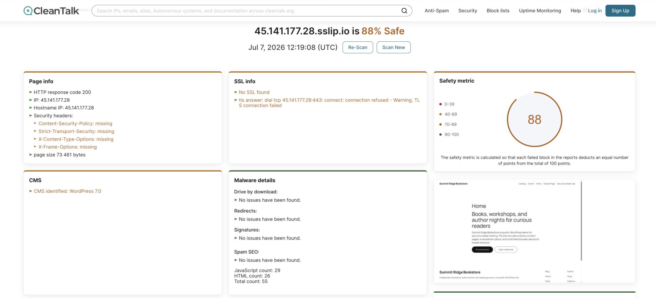 CleanTalk Website Malware Scanner showing missing security headers before remediation