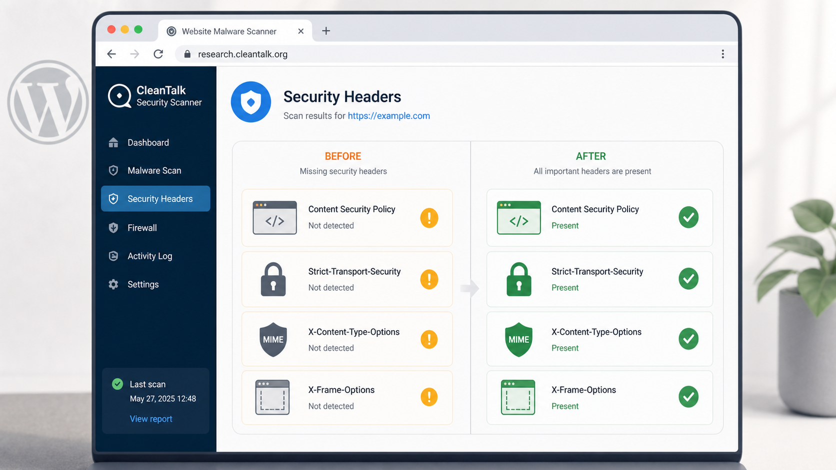 CleanTalk Website Malware Scanner security headers before and after preview for WordPress