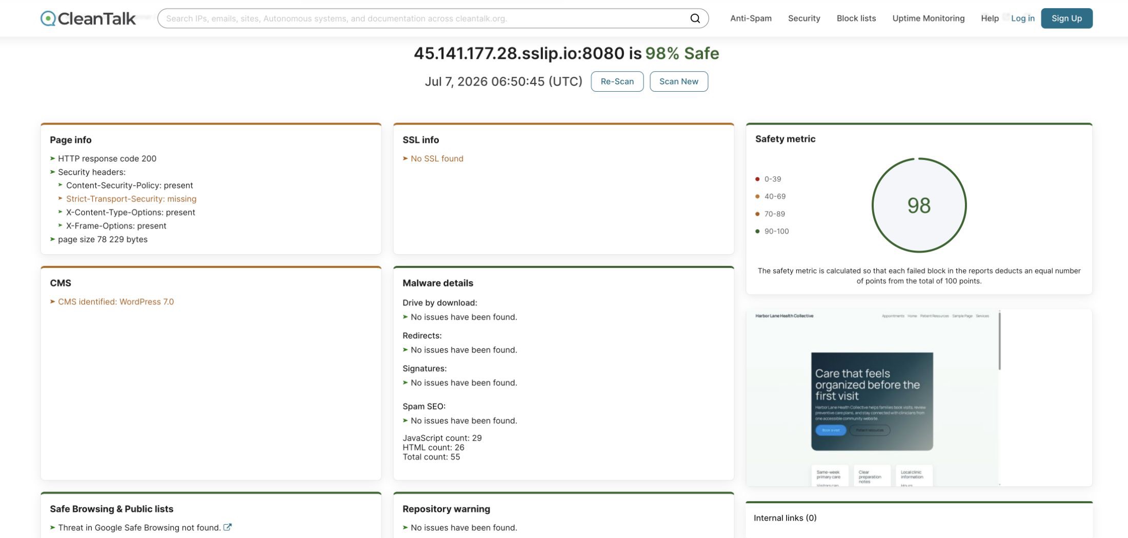 CleanTalk Website Malware Scanner clean result after malware removal and Git repository cleanup