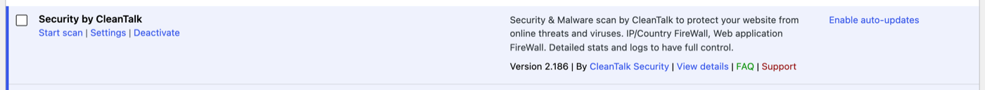 The WordPress plugin list showing Security by CleanTalk active with its Settings link.