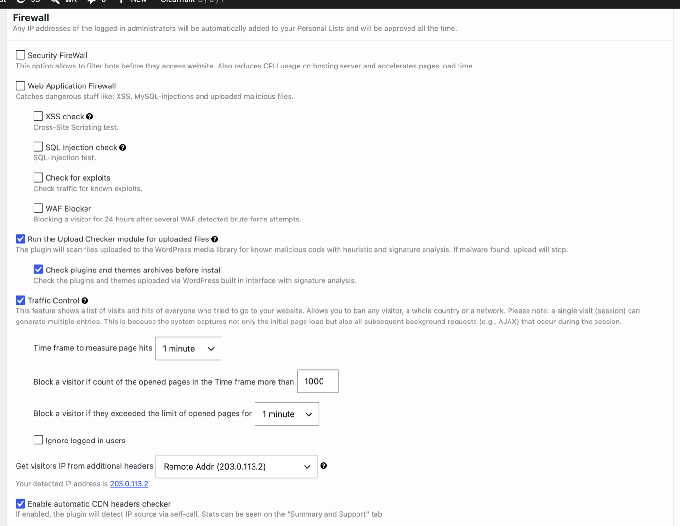 The Firewall settings group of Security by CleanTalk with Security FireWall, Web Application Firewall, Upload Checker and Traffic Control options.