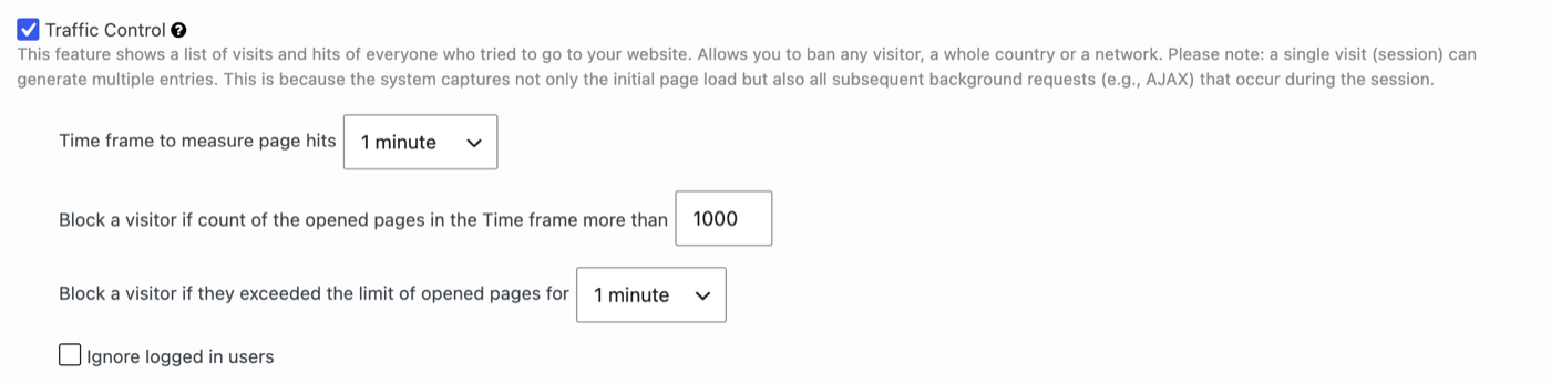 Traffic Control settings with time frame, hit limit, block period and the option to ignore logged in users.