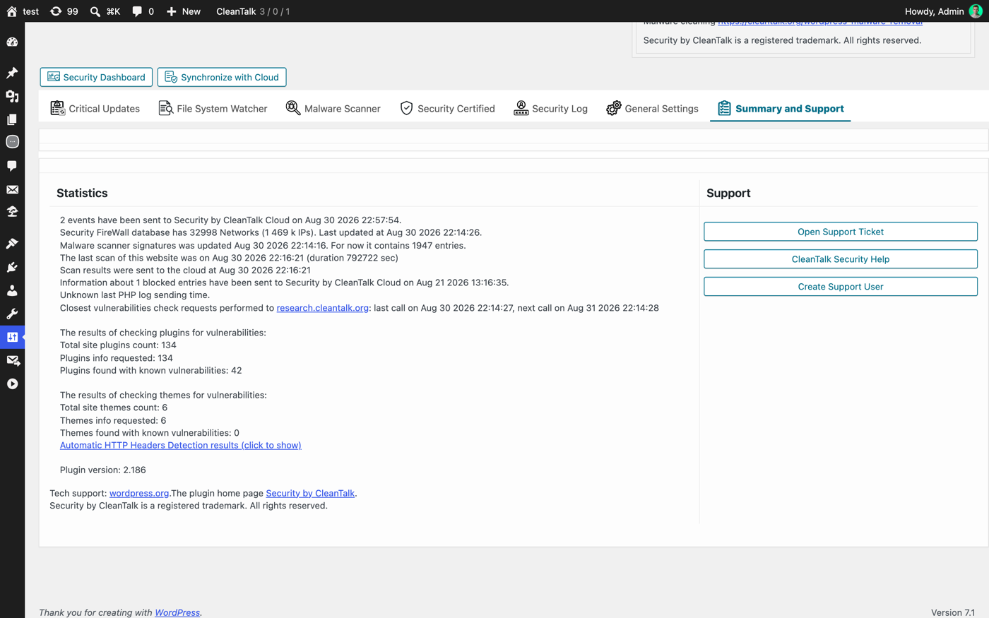 The Summary and Support tab with firewall database statistics and support buttons.