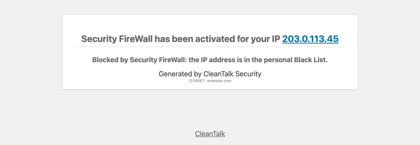 The Security FireWall block page showing the visitor IP address and the block reason.