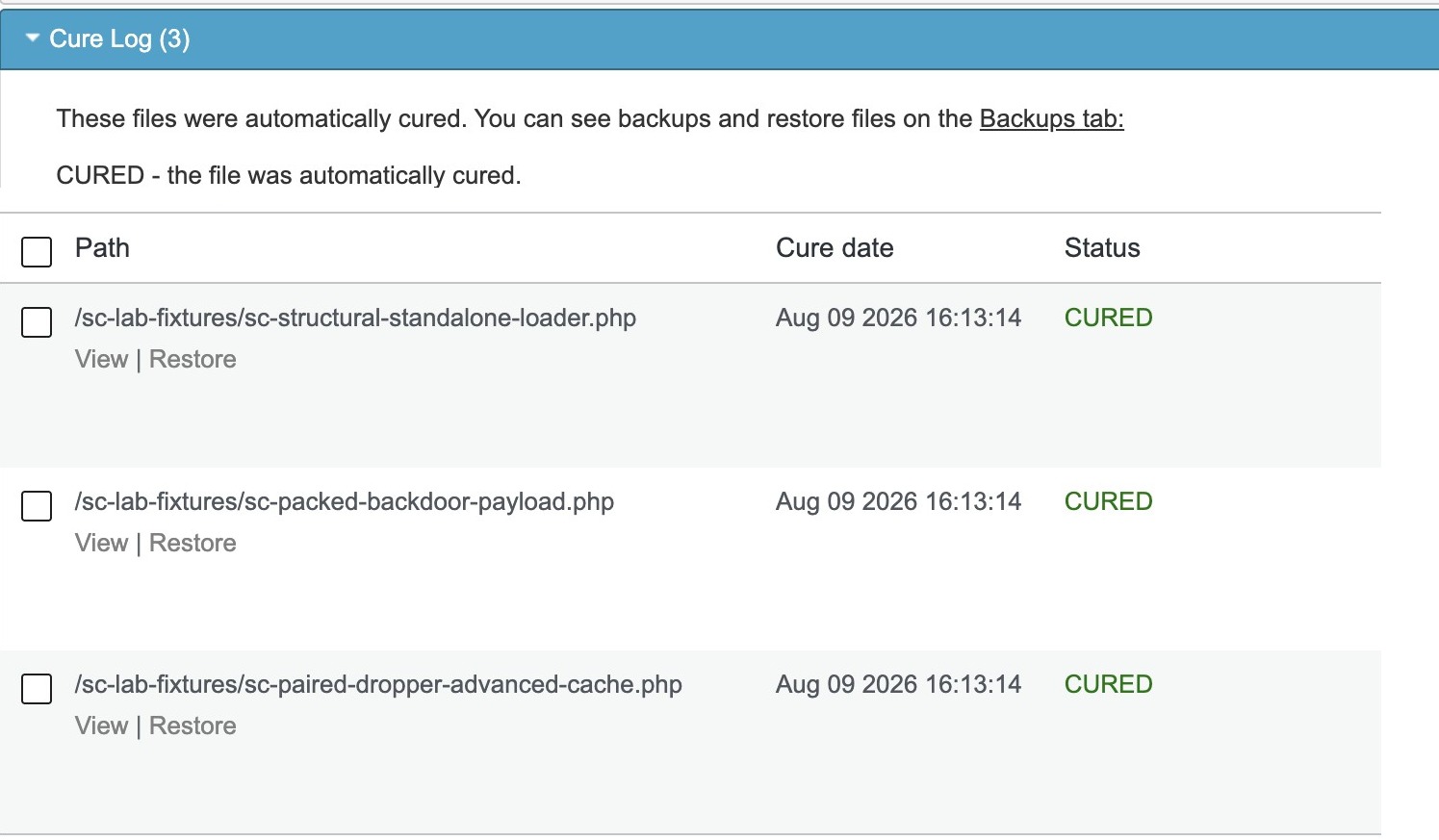 Security by CleanTalk Cure Log shows three SC test files with status CURED