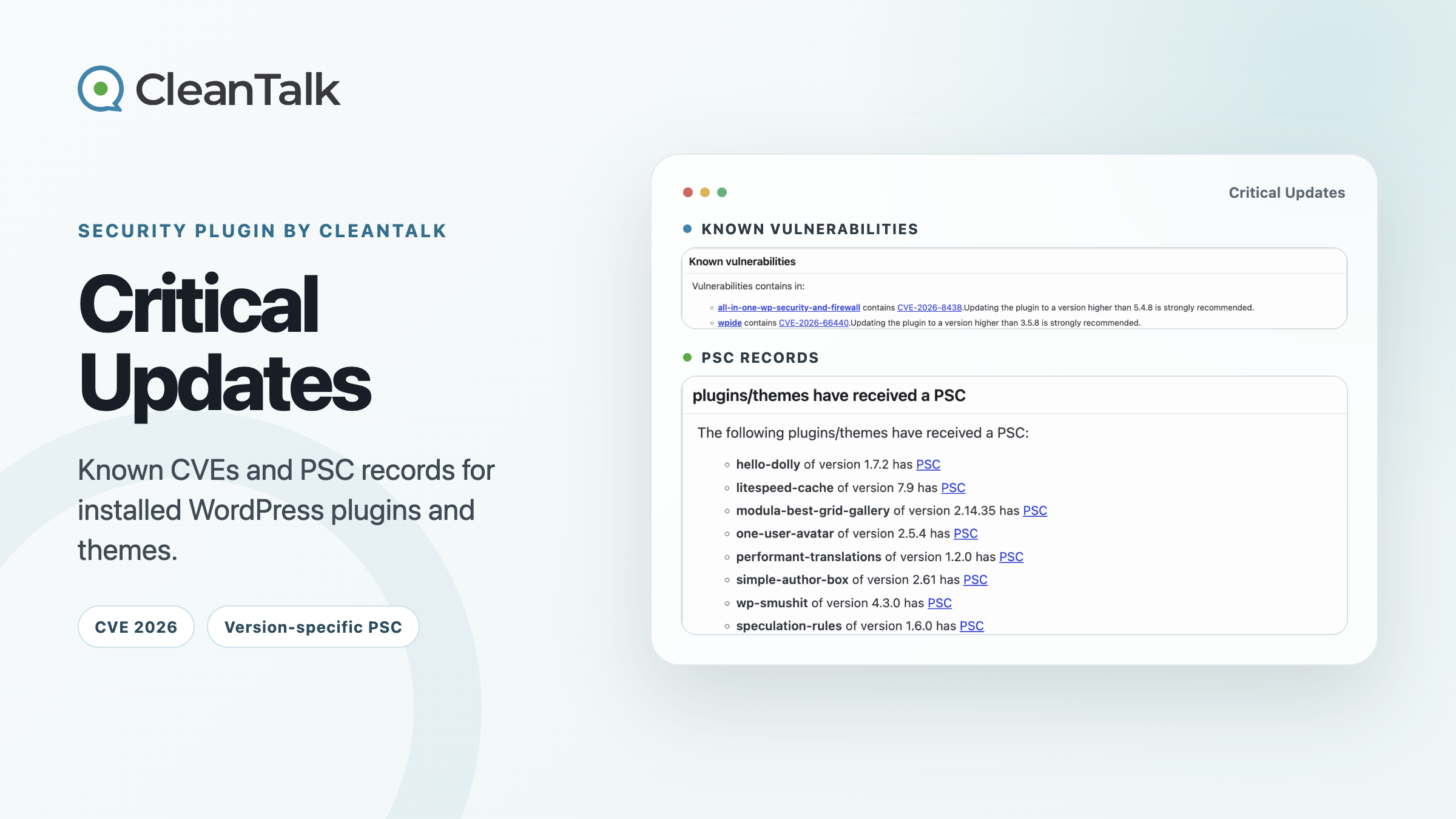 CleanTalk SPBCT Critical Updates with Known vulnerabilities and PSC records from a WordPress dashboard