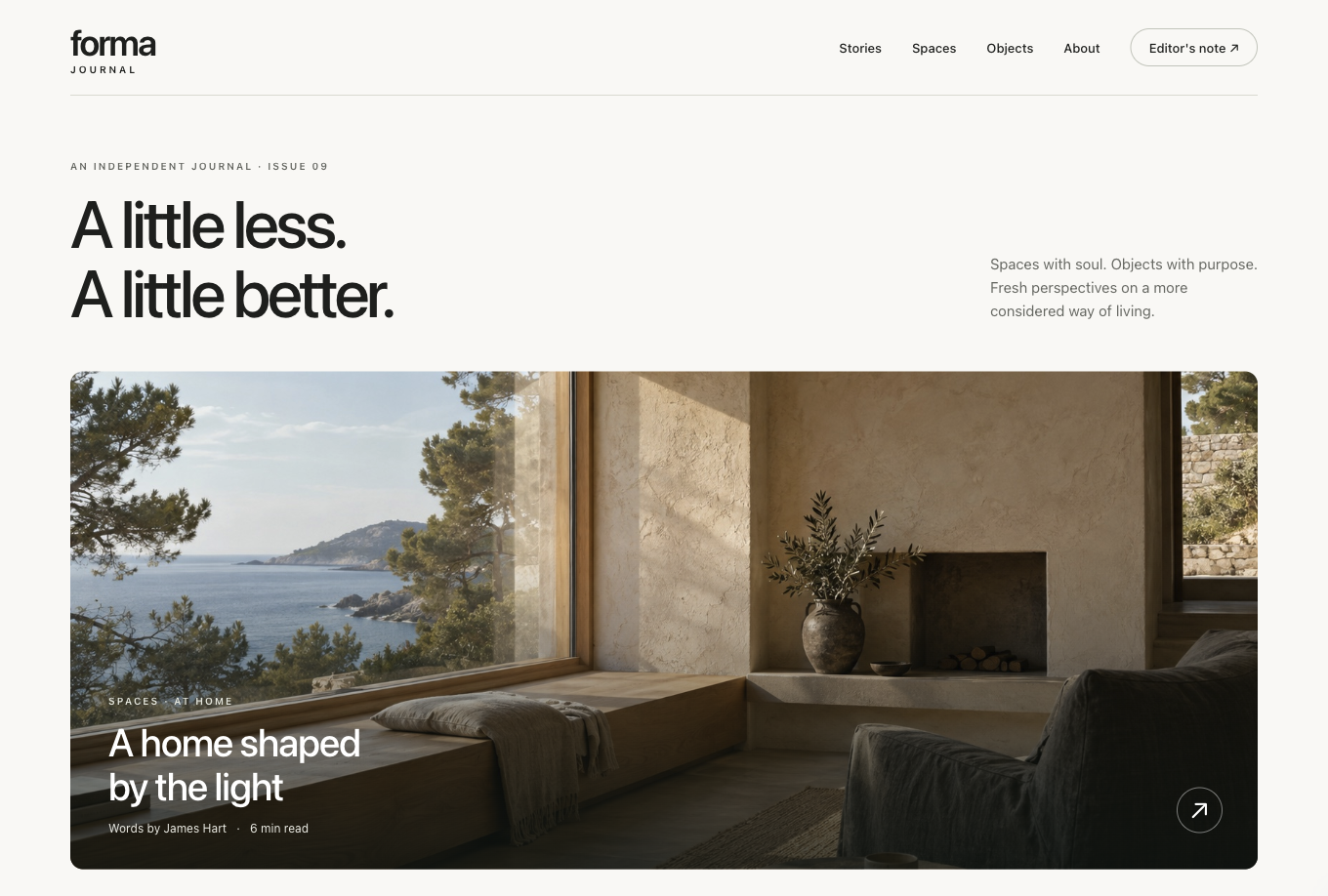 Forma Journal homepage with architecture stories and a coastal home feature