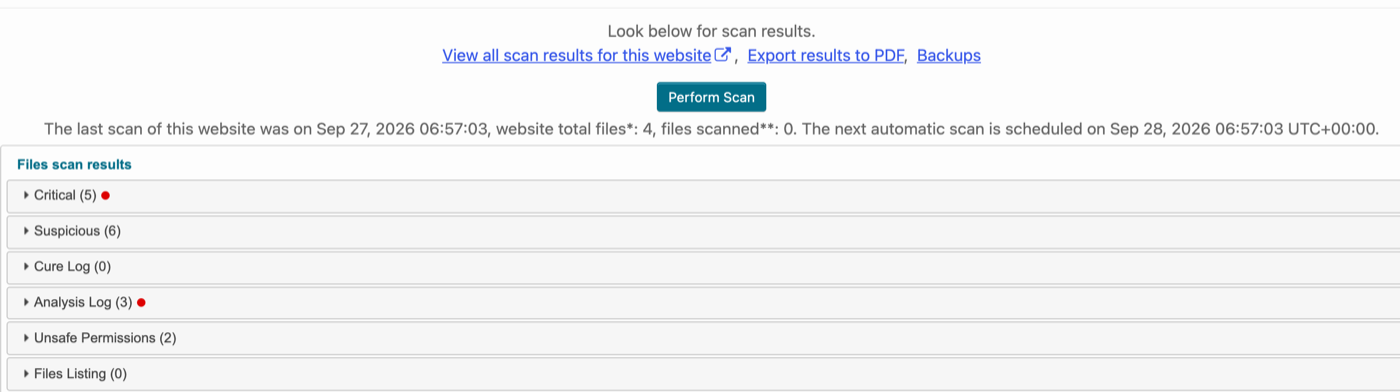 The Malware Scanner tab of Security by CleanTalk scanning WordPress files.
