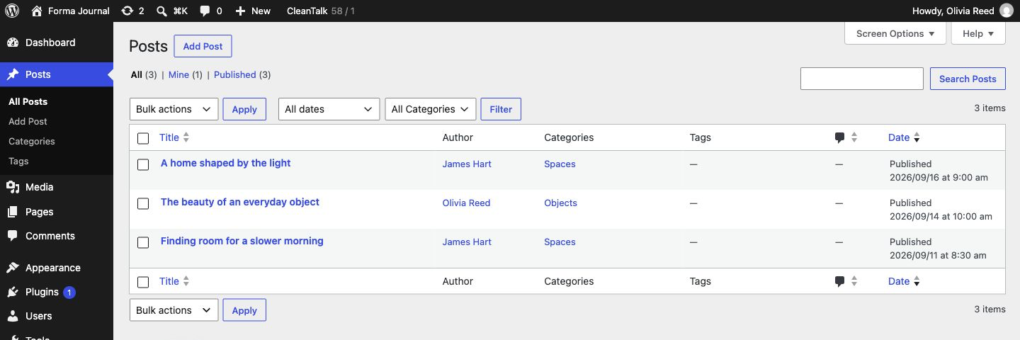Olivia Reed signed in to the Forma Journal WordPress Posts page before salt rotation