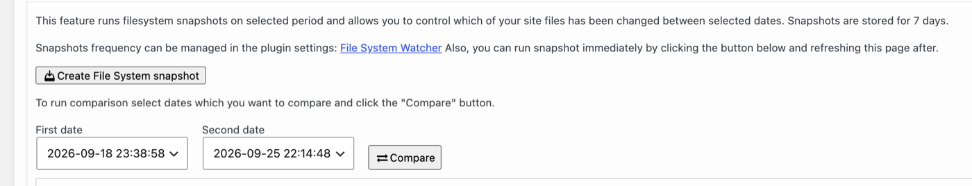 The File System Watcher tab with the Create File System snapshot button.