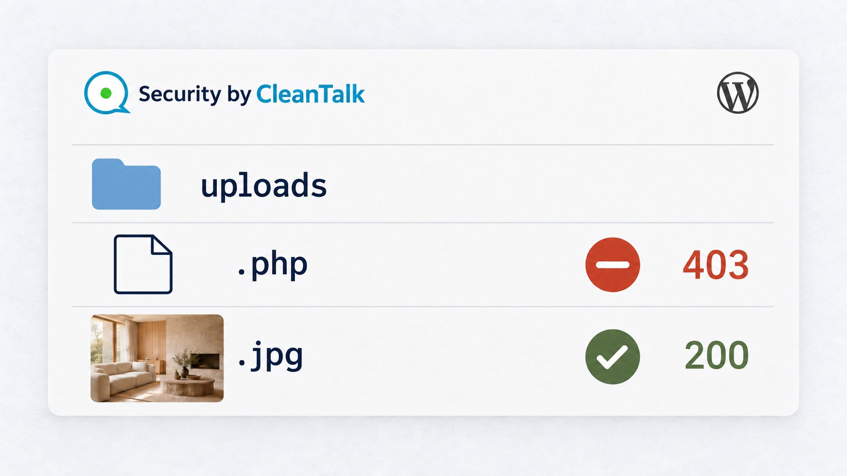 Security by CleanTalk blocks a PHP file with HTTP 403 while a JPG in WordPress uploads remains available with HTTP 200