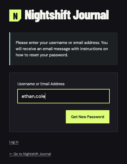 Nightshift Journal WordPress password reset form with the registered username ethan.cole