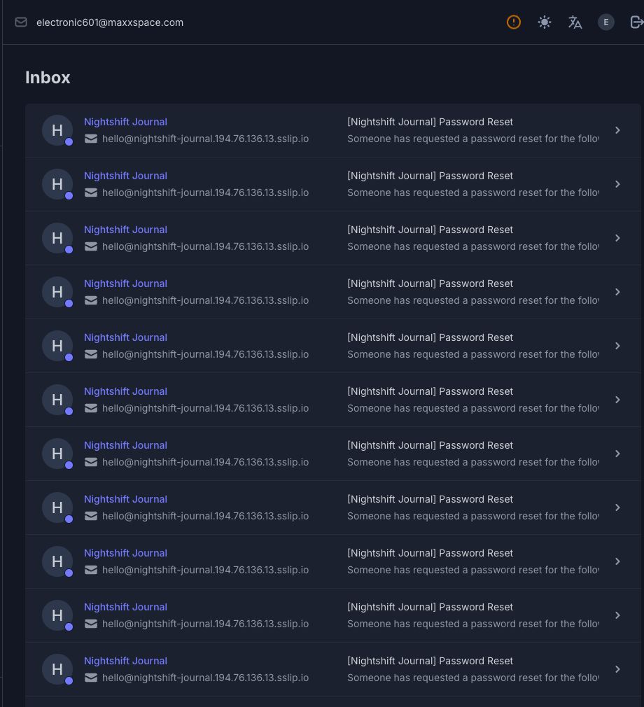 Nightshift Journal WordPress password reset emails filling the mail.tm inbox before rate limiting