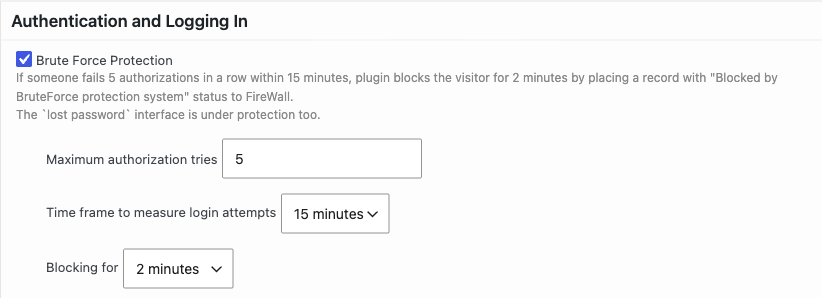 CleanTalk Authentication and Logging In settings with five maximum authorization tries and a two-minute block
