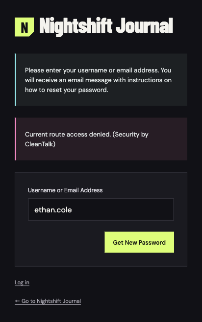 Nightshift Journal recovery form showing Current route access denied by Security by CleanTalk