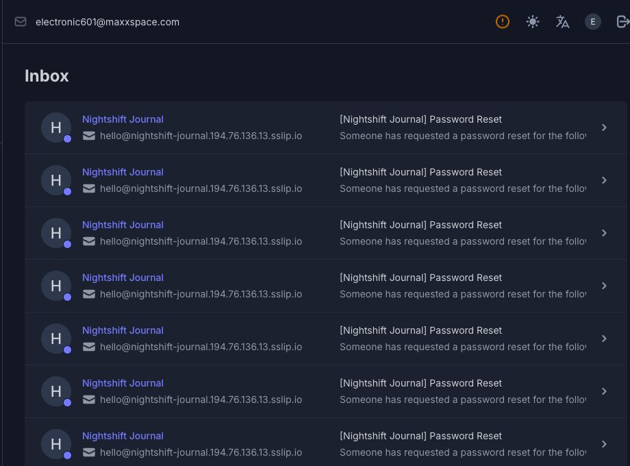 Nightshift Journal reset emails received during the protected recovery-request sequence