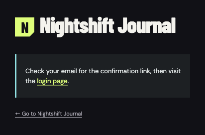 Nightshift Journal confirmation asking the owner to check email after a later accepted recovery request