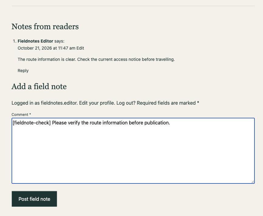 WordPress comment form containing the marker checked by the database trigger