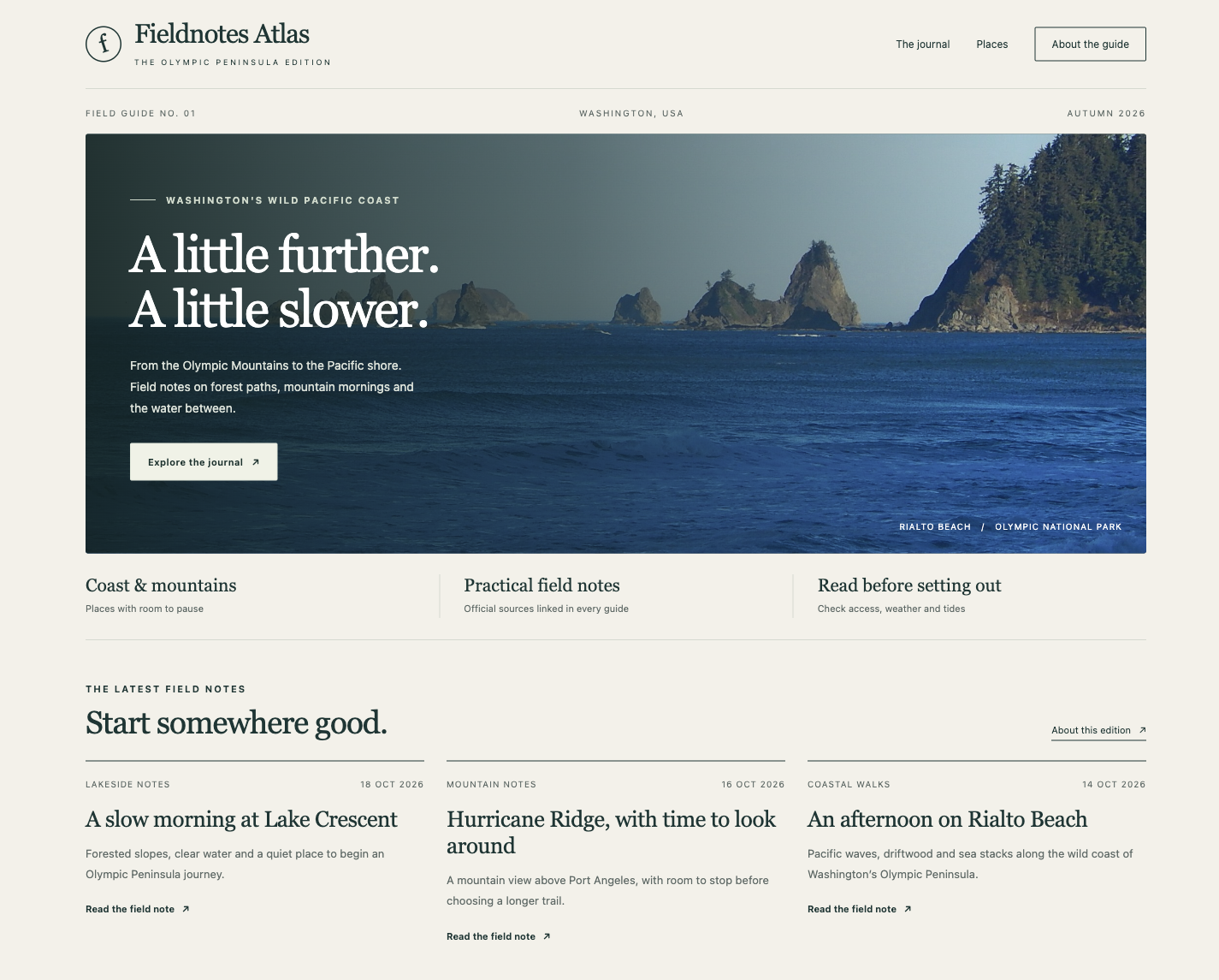 Fieldnotes Atlas WordPress homepage with published Washington travel articles and Rialto Beach