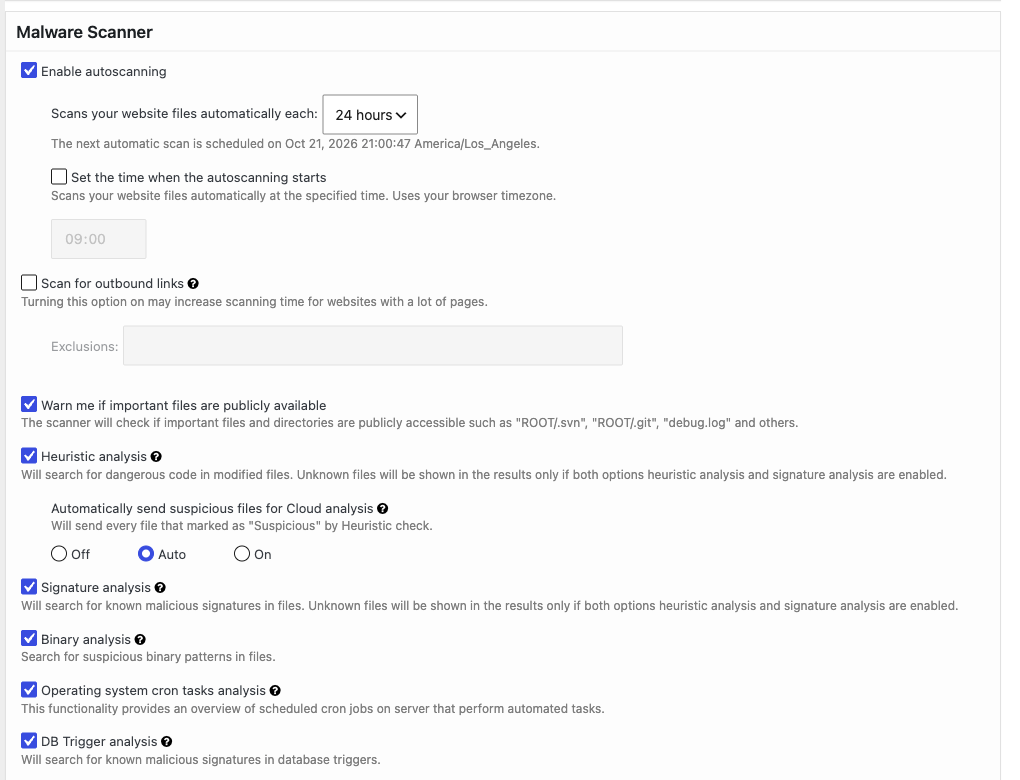 DB Trigger analysis enabled under the CleanTalk Malware Scanner settings